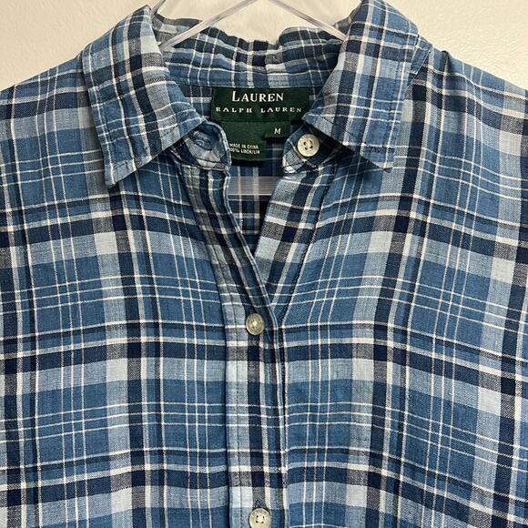 LRL 100% linen women’s Medium blue plaid long sleeve button up shirt, preppy - Picture 2 of 11